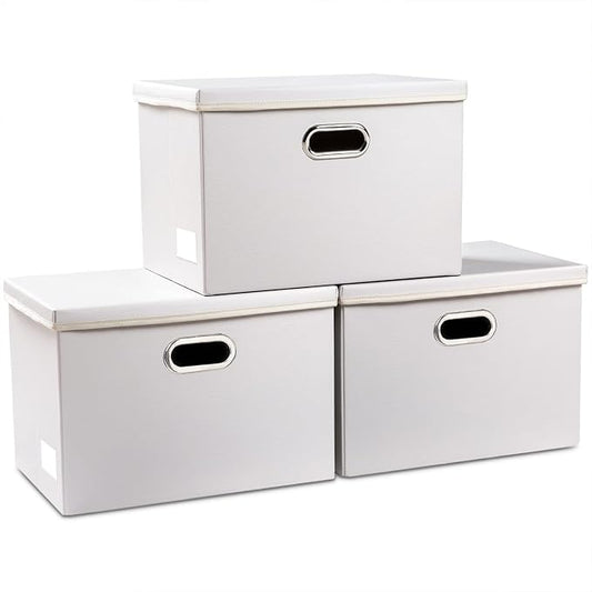 PRANDOM Large Stackable Storage Bins with Lids [3-Pack] Leather Fabric Foldable Storage Boxes Organizer Containers Baskets Cube with Cover for Bedroom Closet Office Nursery White (17.7x11.8x11.8)