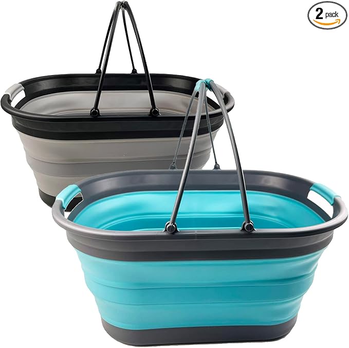 SAMMART 38L (10 Gallons) Collapsible Plastic Laundry Basket - Foldable Storage Container/Organizer - Portable Washing Tub - Space Saving Laundry Hamper (Alloy Grey + Crystal Blue (Set of 2))