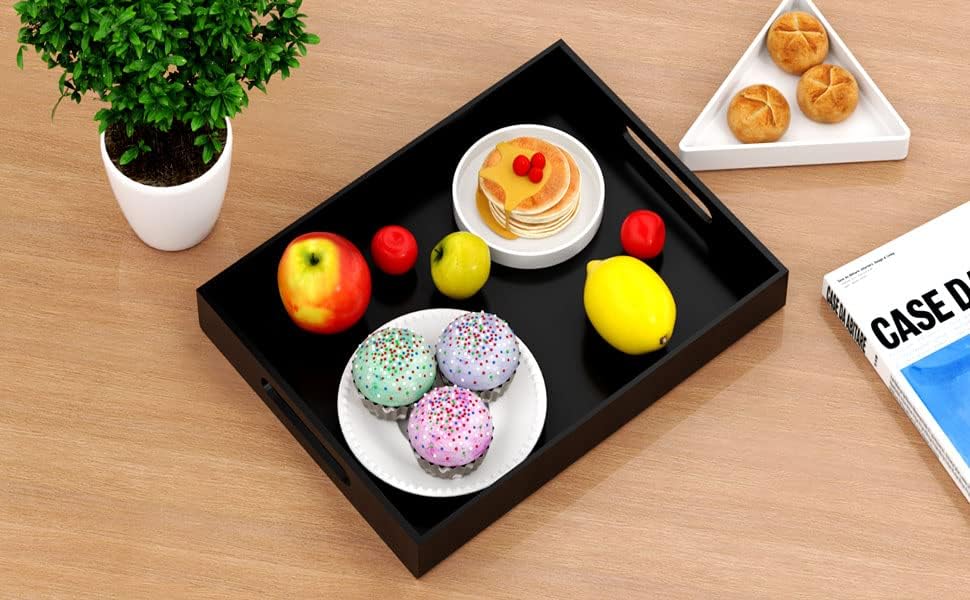 NIUBEE Black Serving Tray 12x16 Inches - Spill-Proof Acrylic Organizer with Handles for Coffee Table, Ottoman & Countert