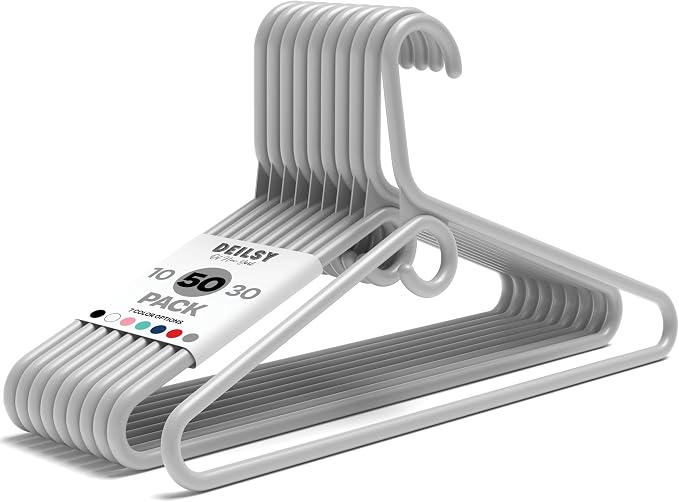 DEILSY™ Heavy Duty Plastic Hangers 50 Pack - Extra Heavy Duty Hangers for Clothes, Thick Gray Plastic Hangers, Strong Clothes Hangers with Hook for Scarves & Belts