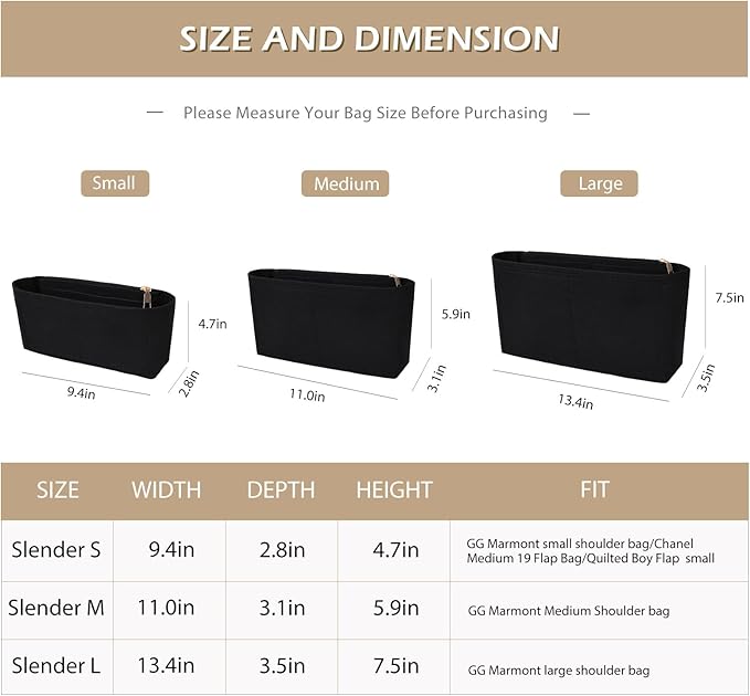 Surblue Purse Organizer Insert for Handbags, Felt Bag Organizer with Zippers Handbag Shaper Pouch for Classic 19 Flap Bag, Marmont, Onthego,（Black, Slender L）