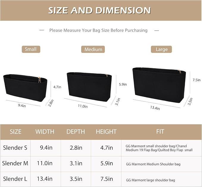 Surblue Purse Organizer Insert for Handbags, Felt Bag Organizer with Zippers Handbag Shaper Pouch for Classic 19 Flap Bag, Marmont, Onthego,（Black, Slender S）