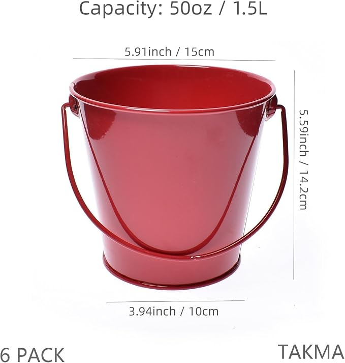 Colored Metal Buckets with Handle, 6 Pack 5.91 Inch Galvanized Iron Pail Bucket for Kids,Classroom,Crafts,and Party Favors (Red)