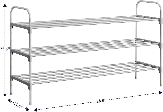 Kitsure Shoe Rack - 3-Tier Space-Saving Shoe Organizer & Shoe Shelf with Handle, Easy Assembly, Sturdy Metal Shoe Rack for Closet, Entryway, Bedroom, 28.0" x 11.8" x 25.6", Grey