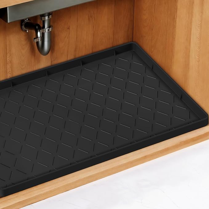 Mateeylife Under Sink Mats for Kitchen Waterproof 34"X22", Undersink Protectors，Silicone Mat Cabinet Liner, Under Sink Organizer for Bathroom and Kitchen，Boot Tray Pet Food Mat, Black