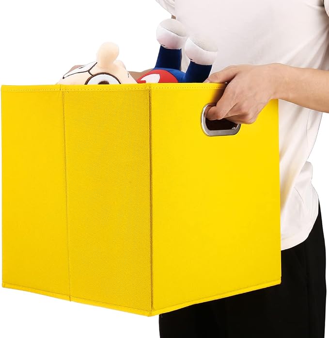 Cube Storage Bins,13 inch Storage Bin,4-Pack Yellow Storage Boxes with Dual Metal Handles for Organizing Shelves,Closet,Nursery,Home