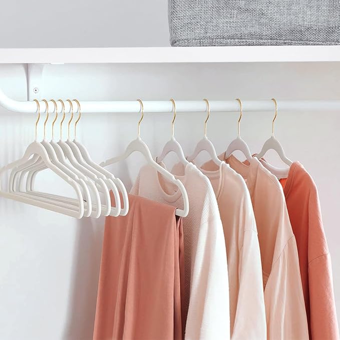 ManGotree Velvet Coat Hangers with 360° Swivel Gold Hook, Non-Slip Felt Suit Hangers, Slim Space Saving Clothes Hanger for Jacket, Sweater, Shirt, Dress, Pants (48 Pack, White)
