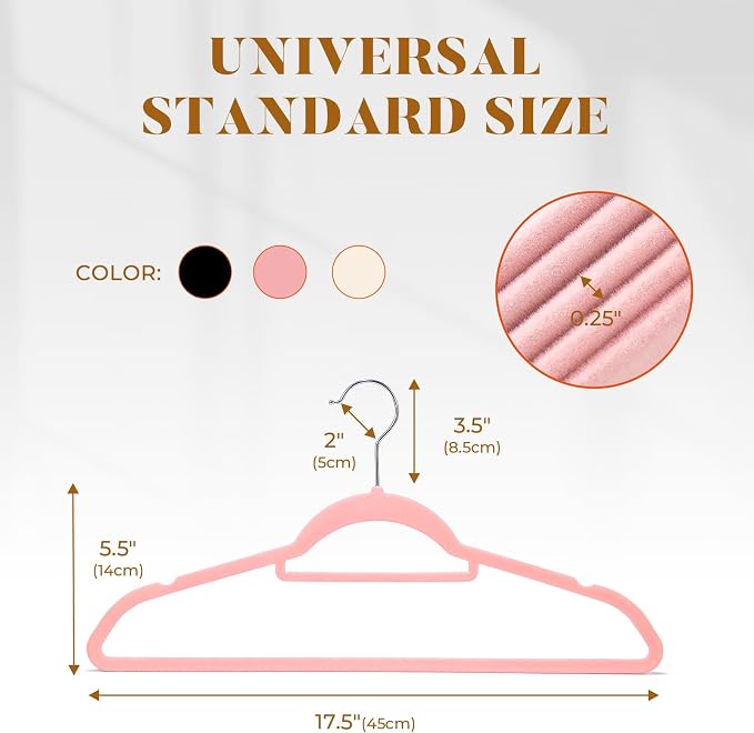HOUSE DAY Premium Velvet Hangers 20 Pack, Non-Slip Hangers with Tie Bar | Elegance Pink Standard Clothes Hanger Slim Felt Hanger with 360° Swivel Hook for Closet Organized Storage，72g/Pc