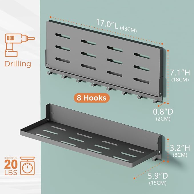 Folding Metal Shelf with Hooks, Wall Mounted Laundry Room Shelf, 8 Hooks & 90° Fold Up, Fold-Down for Rv, Bathroom, Kitchen, Garage, Space Saving, Small Space, Black（17.0", 1 Pack）