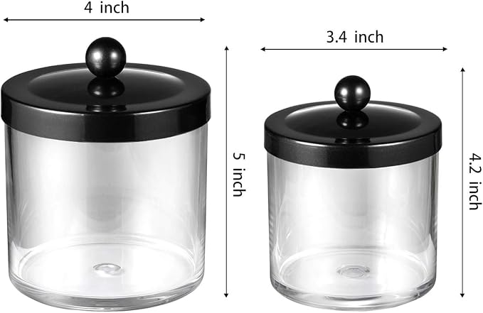 SheeChung 2-Pack Plastic Apothecary Jars with Black Metal Lids-Clear Acrylic Qtip Holder Set-Shatterproof Bathroom Vanity Organizer for Cotton Balls, Swabs, Pads-Modern Farmhouse Chic Decor