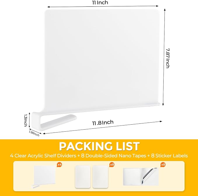 White Acrylic Shelf Dividers for Closets Organizer & Storage,6 Pack | Adjustable Vertical Wood Shelf Closet Separators, Keep Clean, for Clothes,Book,Bags, in Bedroom and Kitchen