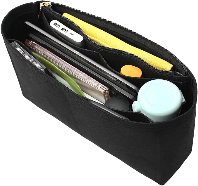 Surblue Purse Organizer Insert for Handbags, Felt Bag Organizer with Zippers Handbag Shaper Pouch for Classic 19 Flap Bag, Marmont, Onthego,（Black, Slender L）