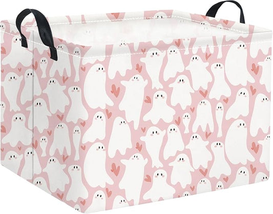 Halloween Basket Cute Baskets for Kids Pumpkin Basket Rectangular Storage Bin Organizer Box Room Decor(Pink Cute Ghost)