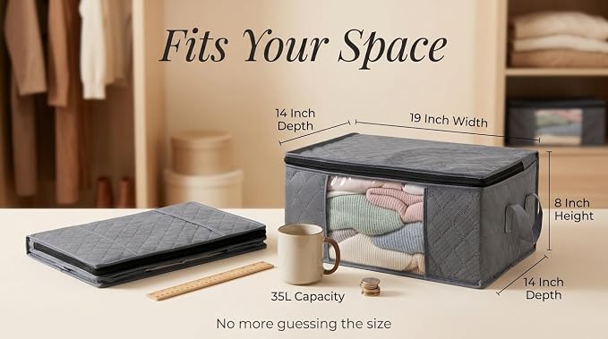 Storage Clothes Bins Closet Bags - 35L Containers Organizer Boxes Clothing Bin Organization for Organizing Blanket Pillow Sheet Sweater, Foldable Bedroom Small Storage Totes With Lids Zipper, 3pc Pack