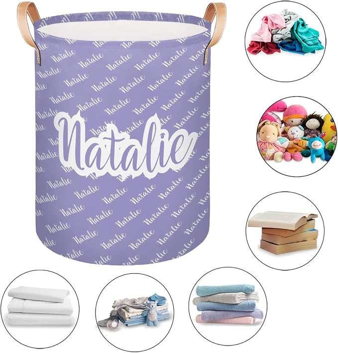 Personalized Laundry Basket, Custom Gift Laundry Hamper, Collapsible Nursery Waterproof Laundry Baskets, Dirty Clothes Toy Hamper with Handles Purple Name