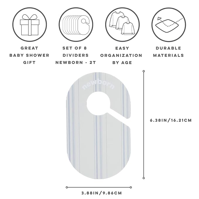 3 Sprouts Baby Closet Dividers, Newborn to 2T, Stripe, 8 Piece Set | Newborn to 2T sizing, 8-piece set, Double-sided size labels, Age labels, Nursery closet storage, Baby clothes organizer