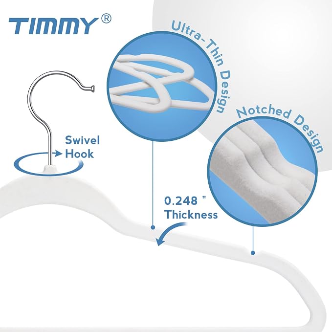 TIMMY 50 Pack Velvet Hangers, Non-Slip Ultra-Thin Space-Saving Suit & Coat Hangers with 360° Silver Swivel Hook - Hold 10 lbs, for Blazers, Dresses & Pants (White/Silver, 17.7 in) r