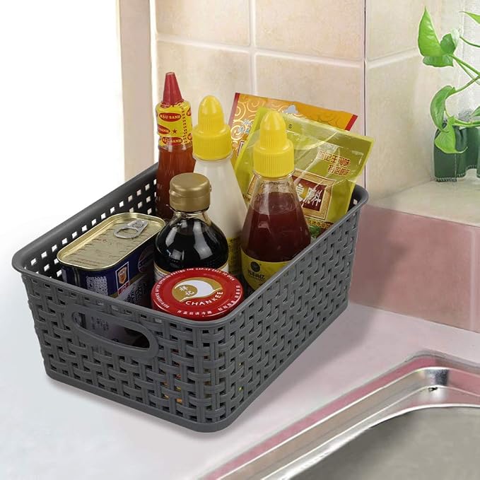 4-Pack Small Storage Baskets, Woven Plastic Basket, Gray | 10" x 7.7" x 4", Home Organization, Space - Saving Storage, Stylish Design, Organizer Baskets for Cabinet, Closet, Office