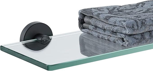 JQK Bathroom Glass Shelf Black, Tempered Glass Shower Storage 16 by 5 inches, 304 Stainless Steel Matte Black Wall Mount, TGS101L16-PB