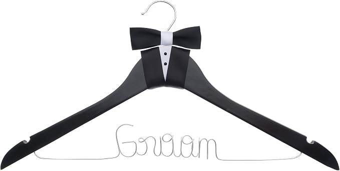 Ella Celebration Groom Hanger for Tuxedo or Suit, Hangers for Bridal Party, Wooden and Wire, Black Wood (Groom)