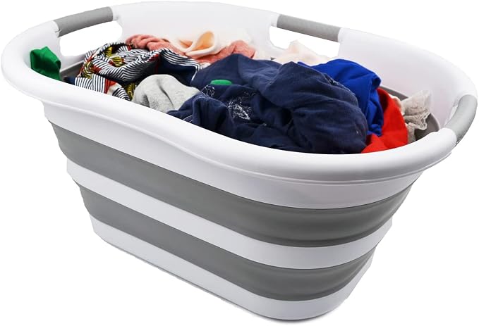 SAMMART 40L (10.5 gallons) Collapsible Plastic Laundry Washing Tub - Foldable Pop Up Laundry Basket/Hamper - Portable Washing Tub - Pop Up Saving (White/Grey)