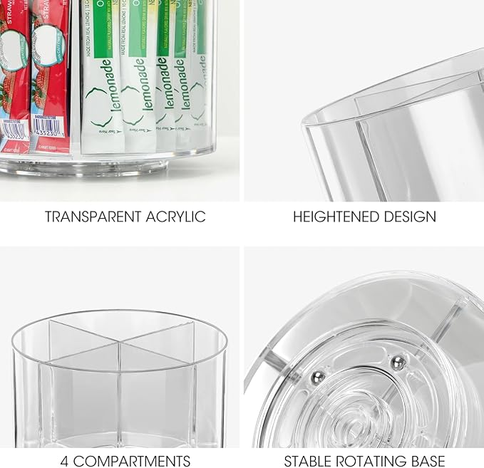 AIEVE Drink Packet Organizer, Lazy Susan 360° Turntable Organizer for Drink Mix Hydration Packets, Water Flavor Acrylic Container Tea Bag Holder for Kitchen Storage Organization