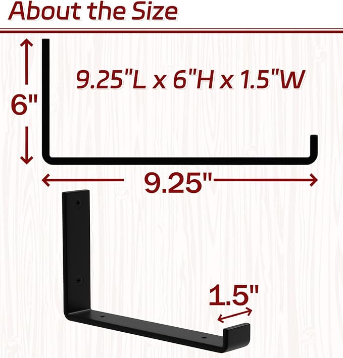 12 Pack - 9.25" L x 6" H x 1.5" W Shelf Bracket, 1/5” Thick Iron Metal Wall Rustic Industrial J Lip Floating Shelf Bracket