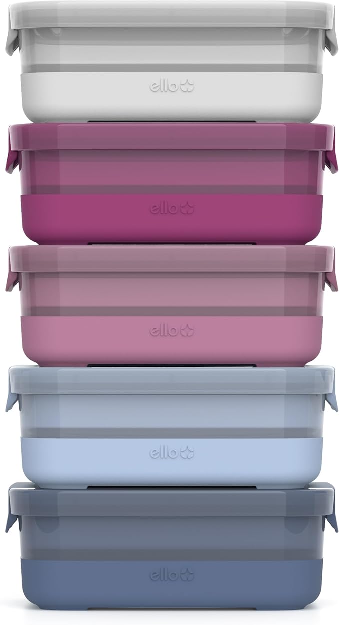 Ello Plastic Meal Prep Set BPA Free Plastic Food Storage Container with Silicone Boot and Airtight Lids, Dishwasher, Microwave, and Freezer Safe.