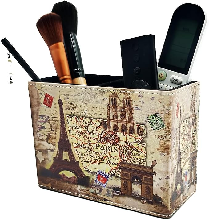 Pen Holder, Rectangle Vintage Pencil Holder with 2 Compartments, PU Leather Art Remote Control Holder Organizer Storage for Desk Accessory (Eiffel Tower)
