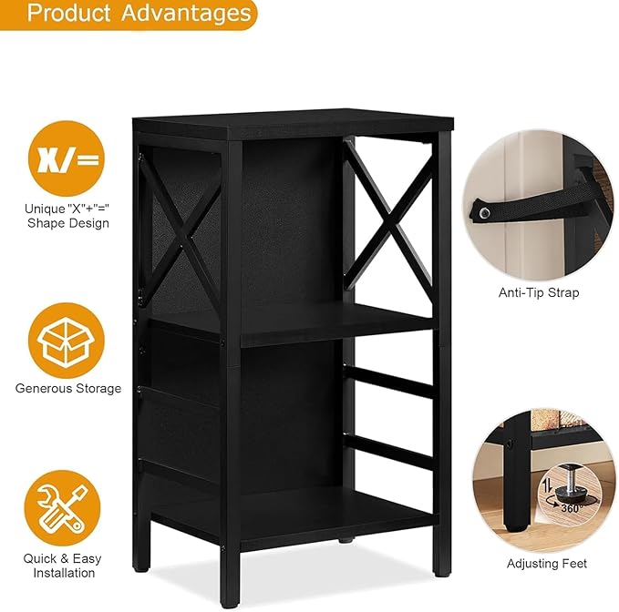 MNEETRUNG Book Shelf, Small 3-Tier Industrial Bookshelf with Strong Metal Frame & Backboard, 15.7" Short Bookcase for Small Spaces, Living Room, Bedroom and Home Office, Black