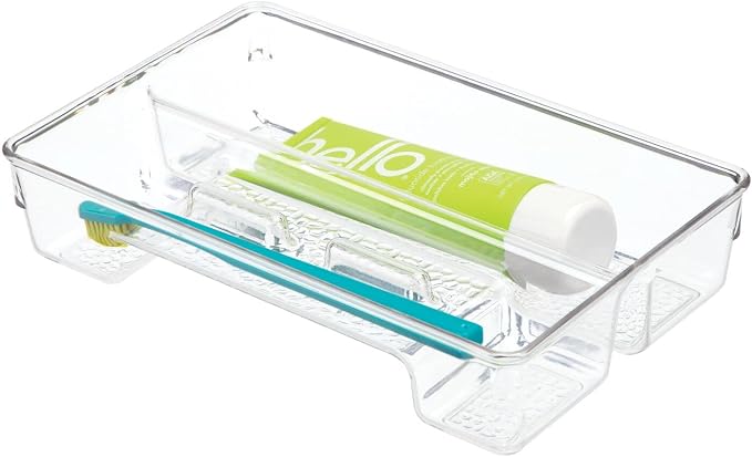 mDesign Plastic Toothbrush Holder, Storage Organizer Bin for Bathroom Vanity, Drawer, Cabinet, Closet - Holds Electric Spin Toothbrush, Toothpaste, Dental Floss Picks, Teeth Whitening Strips - Clear