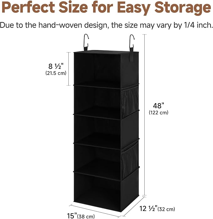 StorageWorks Hanging Closet Organizer, 5-Shelf Hanging Shelves with 2 Hooks, Foldable Space-Saving Design, Closet Organizers and Storage for Bedroom, Dorm, Locker, Black