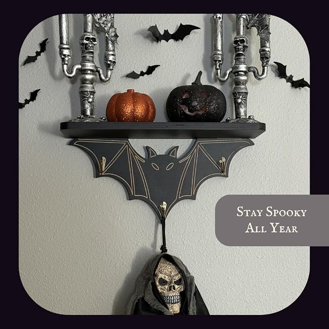 Gothic Bat Shelf Wall Decor with Hooks - Valentines Spooky Goth Themed Gifts for Adults Women with Bat Stickers - Black Floating Shelf for Bedroom Living Room - Unique Vampire Room Lovers Accessories