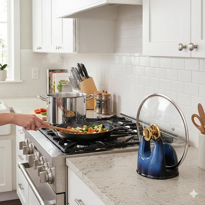 Nihow Ceramic Pot Lid Holder While Cooking for Kitchen Counter/Stove Top | Blue,Stable, Dishwasher Safe, Keep Counter Top Tidy and Clean,Water Proof,Saving Space,Heat Resistant