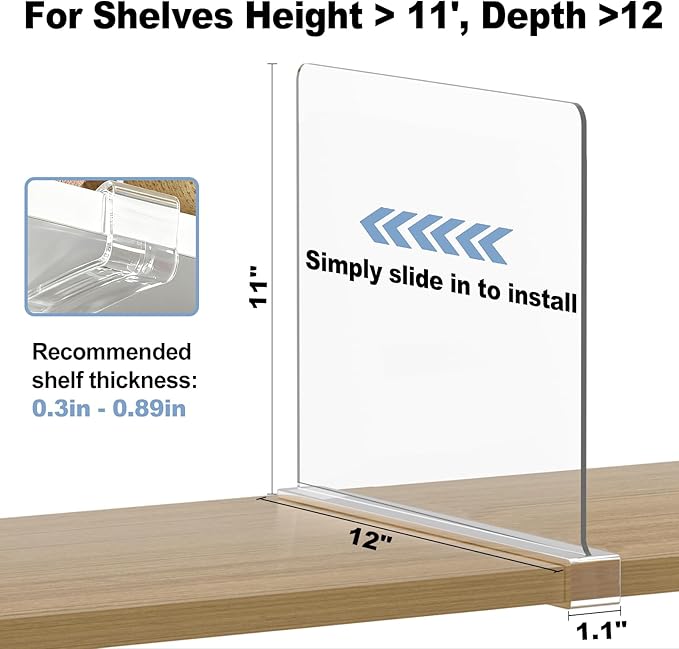 Purse Organizer for Closet Shelf Dividers: 11-inch Tall(Higher Version) Adjustable Clear Acrylic Bag Storage Organizer for Handbags, Sweaters, Towels, Jeans and Shoes on Wood Shelves 6-Pack
