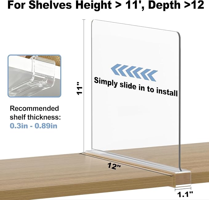 Purse Organizer for Closet Shelf Dividers: 11-inch Tall (Higher Version) Adjustable Clear Acrylic Bag Storage Organizer for Handbags, Sweaters, Towels, Jeans and Shoes on Wood Shelves 8-Pack