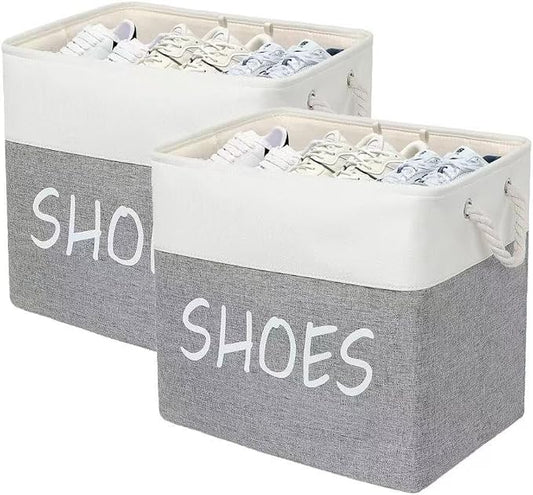 Large Fabric Shoe Basket,Flodable Shoe Storage Bin for Entryway,Hallway or Mudroom,Stylish Shoe Storage Container (Large-2 Pack)