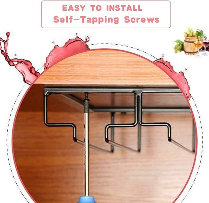 FOMANSH Wine Glass Rack - Under Cabinet Stemware Wine Glass Holder Glasses Storage Hanger 2 Pack Metal Organizer for Bar Kitchen Gold
