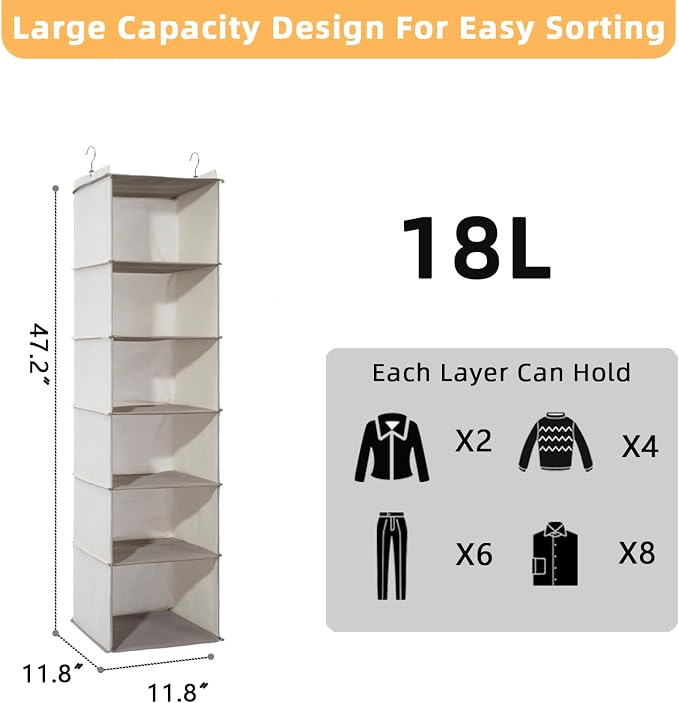 2 Packs Hanging Closet Organizer, 6-Shelf Closet Organizers and Storage with Side Pockets, Collapsible Hanging Shelves for Closet & RV & College Dorm,Beige