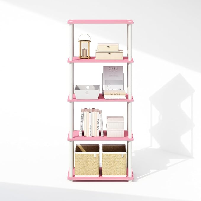 Furinno Turn-N-Tube Book Shelf, 5-Tier Bookshelf, Bookcase with Multipurpose Compact Display Rack, 11.6 x 23.6 x 57.4, for Living Room, Bedroom, Home Office, Pink/White