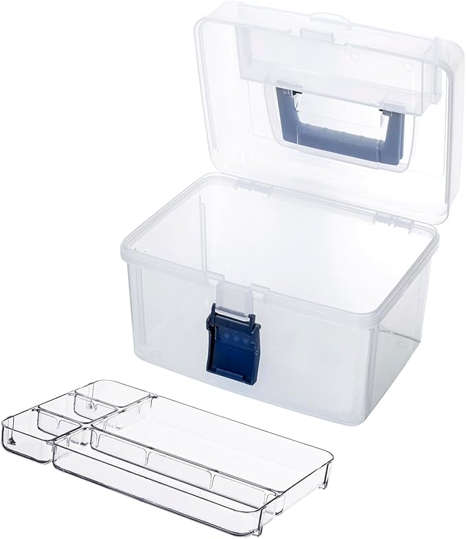 MyGift 10 Inch First Aid Clear Bin with Detachable Tray and Blue Quick Access Top Lid Flap, Portable Emergency Kit, Medical Supply Travel Tote, Medicine Storage Box Container (Navy)