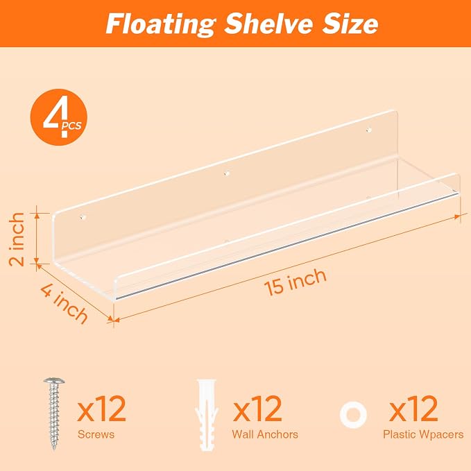 Dooiclear 4 Pack Floating Shelves for Wall, 15" Clear Floating Wall Shelf | Acrylic Book Shelf, Display Shelves Organizer for Bathroom, Classroom, Bedroom, Living Room, Kitchen, Room Decor