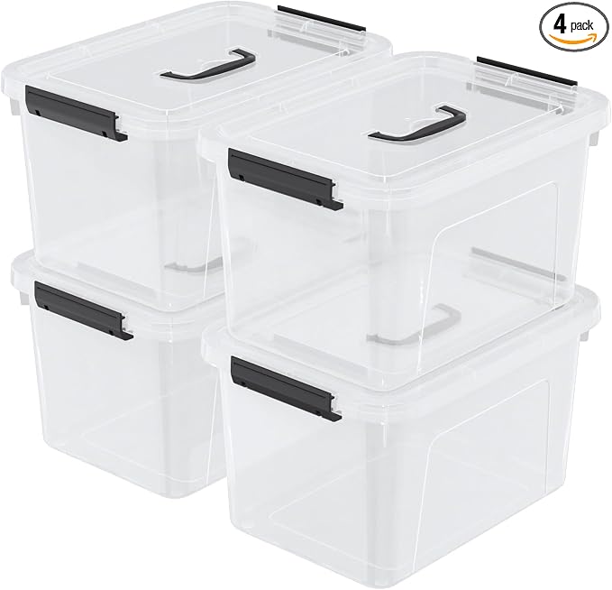 Wekioger 20 Quart Clear Plastic Lidded Storage Box with Latch Handle, 4 Packs Containers Bins for Storage