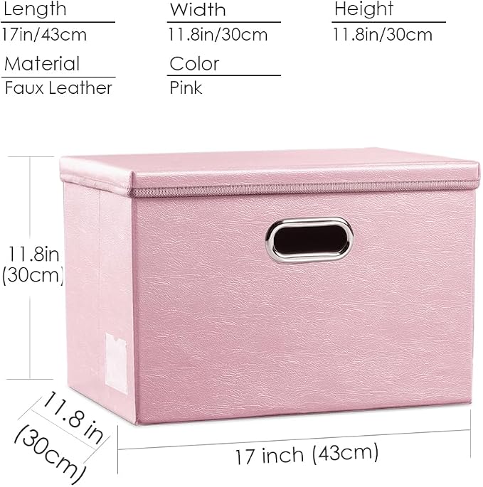 PRANDOM Large Stackable Storage Bins with Lids [3-Pack] Leather Fabric Foldable Storage Boxes Organizer Containers Baskets Cube with Cover for Bedroom Closet Office Nursery Pink (17.7x11.8x11.8)
