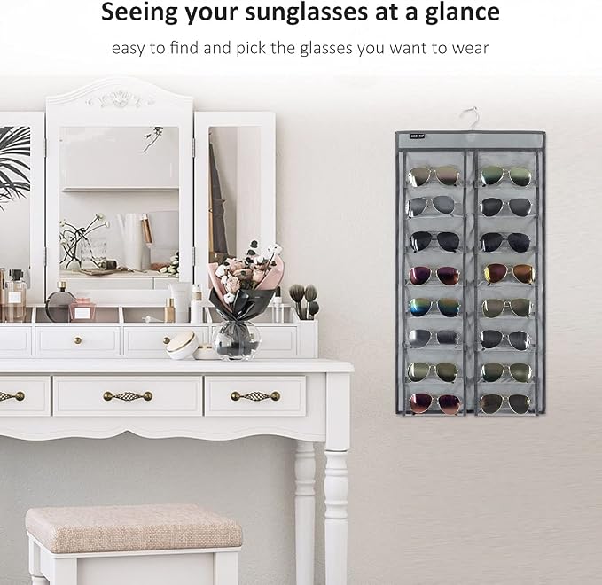 Dual Sided Hanging Sunglasses Organizer Wall Eyeglass Holder Sunglass Rack for Home with 32 Dust Proof Pockets (32 Pockets-Grey)