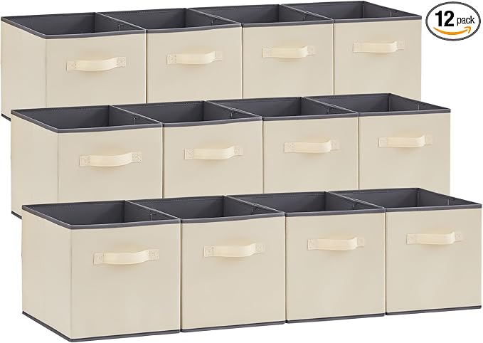 Lifewit Storage Cubes, Foldable Decorative Fabric Storage Baskets for Organizing Home Organizers with Handles for Shelves, Closet, 11 Inch Bins, 18L Beige, 12 Packs