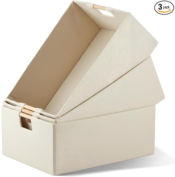 Cinnvoice 3 Pack Fabric Storage Bins for Closet Shelves, 15 x 10.6 x 6 Inch Beige Rectangle Wardrobe Organizer with Handle, Collapsible Shelves Storage Basket for Sorting Clothes and Toy