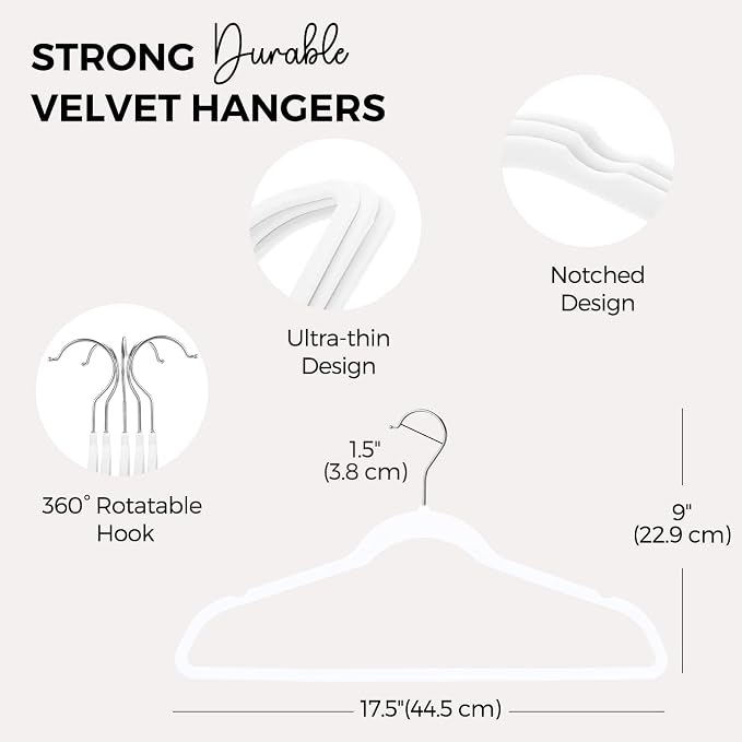 HOUSE DAY Premium Velvet Hangers 50 Pack, Non-Slip Flocked Felt Hangers, Sturdy Clothes Hangers with 360° Rotatable Hook, Heavy Duty Coat Hanger, Durable Slim White Hanger for Closet Space Saving