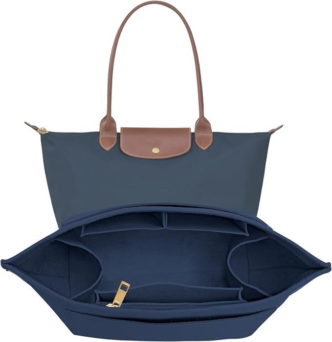 LOUKAYCCI Purse Organizer Insert for Longchamp Le Pliage L Handbag Insert Felt Long Champ Tote Bag Organizer Insert with Cup (DarkBlue, Medium)