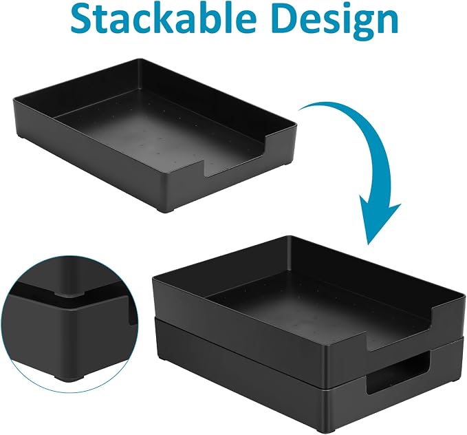 Letter Tray, Desk Organizer Tray, A4 Plastic Paper Tray Organizer for Desk, Stackable Rectangular Inbox Mail File Holder, Drawer Organizer for Desk Accessories Office School Home Supplies (Black)